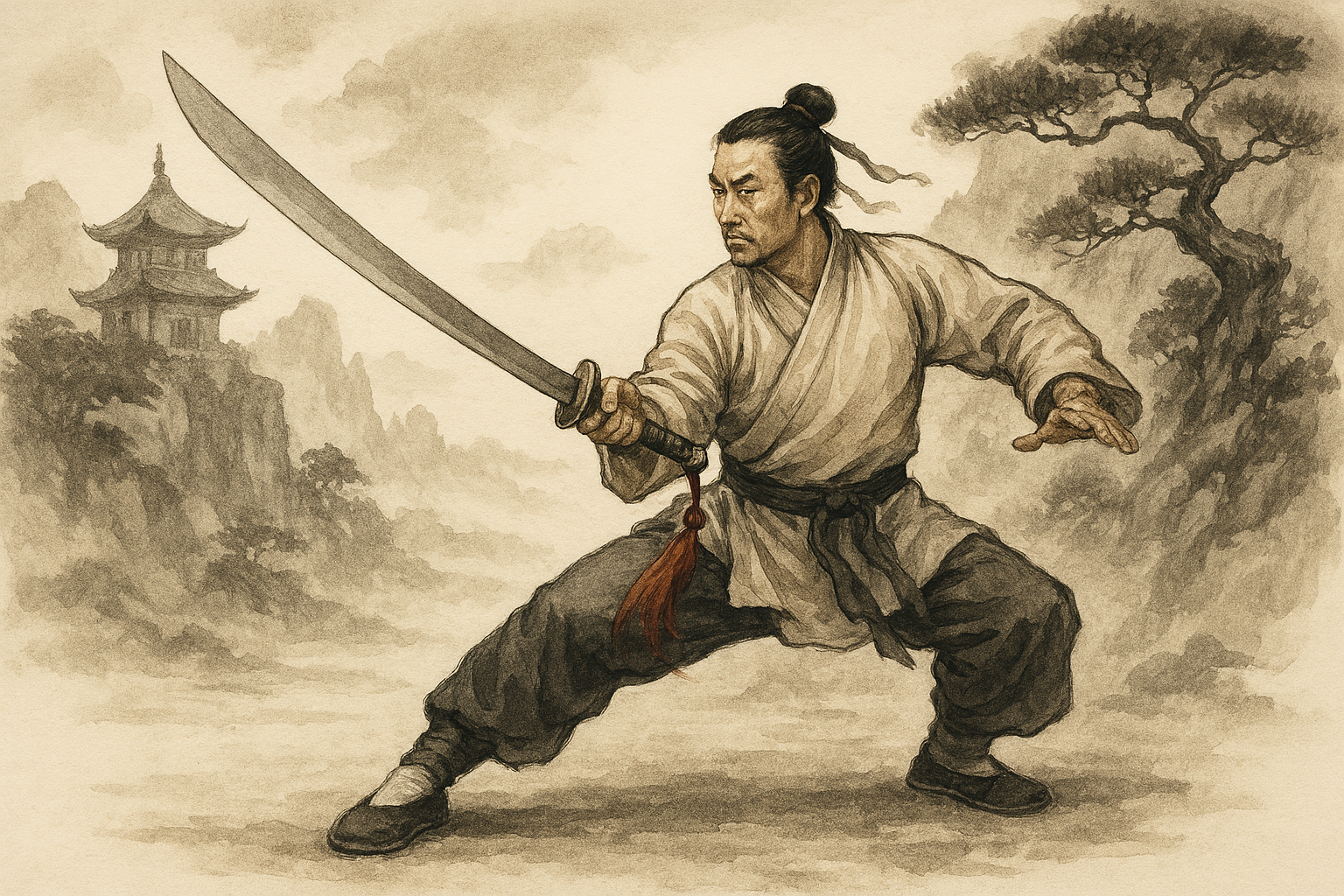 Praticante de Tai Chi Chuan com sabre em paisagem tradicional chinesa